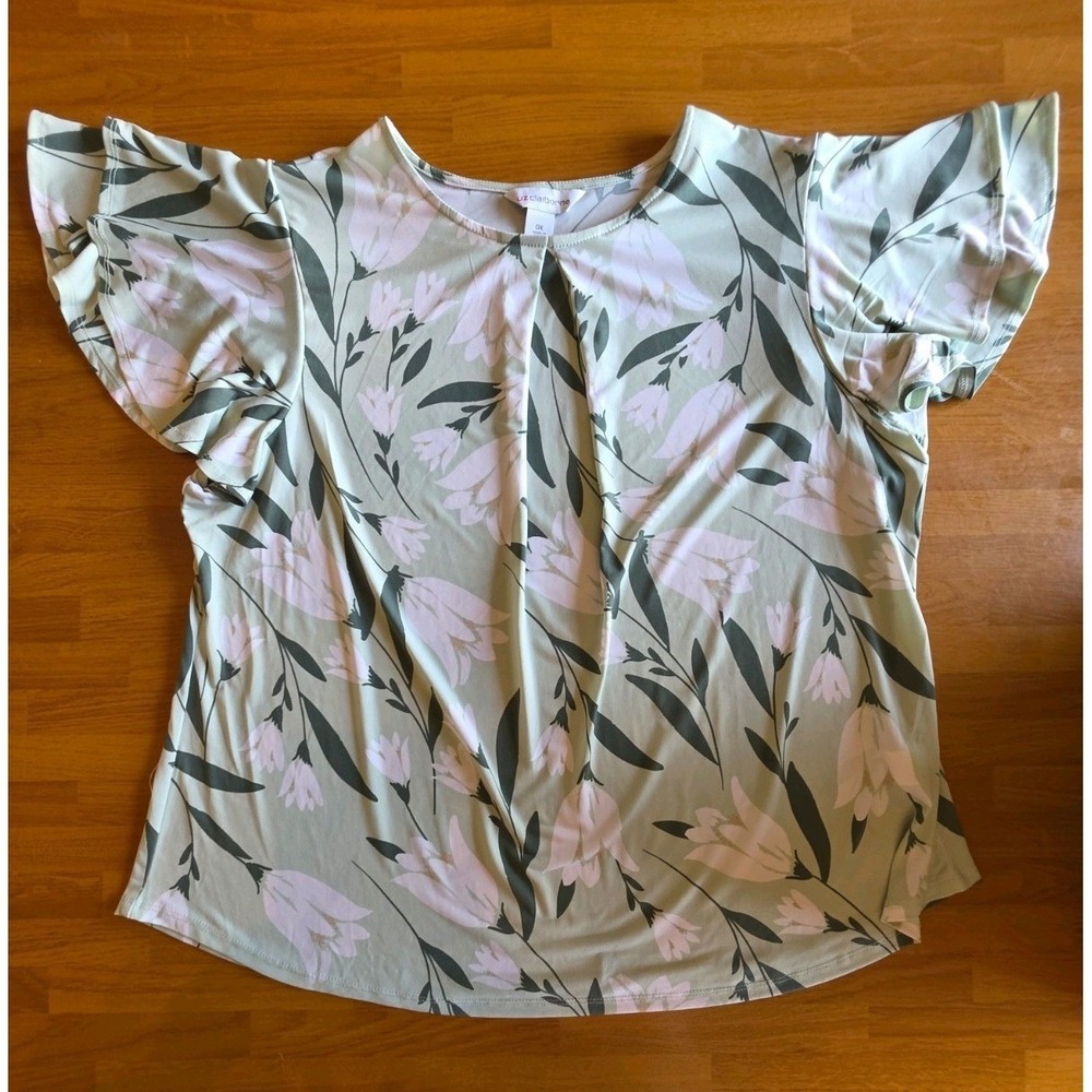 Liz Claiborne Womens 0X Sage Green White Floral Flutter Sleeve Blouse Top